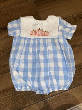Light Blue Gingham Pumpkin Embroidered Baby Romper - Seasonal Kids Costume